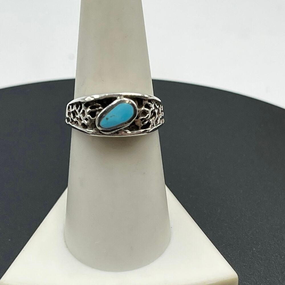 Native Vintage Sterling Silver‎ Oval Bezel Turquoise Ring Openwork Band Size 8